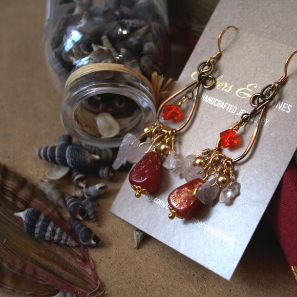 Brass Wire Pink & Red Dangle Earrings - Picture 3 of 4